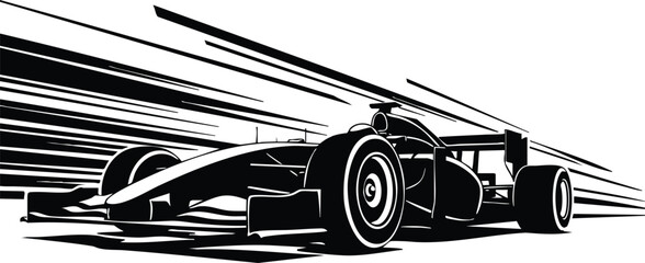 Obraz premium Line art vector low angle close up formula race car speeding on track with motion lines driver visible high contrast dynamic black and white stencil style