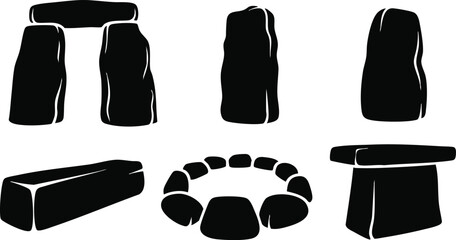 Naklejka premium Minimalist vector megalithic stone set showing trilithon and circle arrangements side view top view individual standing stones black silhouettes isolated on white background flat design bold