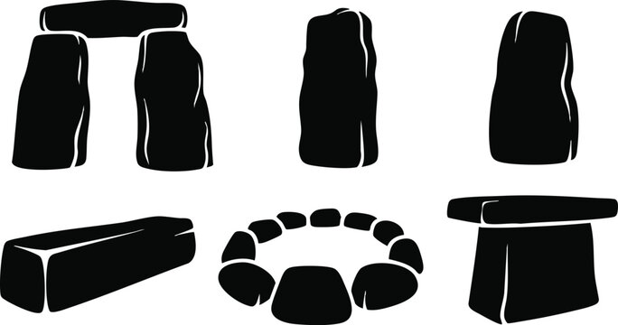 Minimalist vector megalithic stone set showing trilithon and circle arrangements side view top view individual standing stones black silhouettes isolated on white background flat design bold