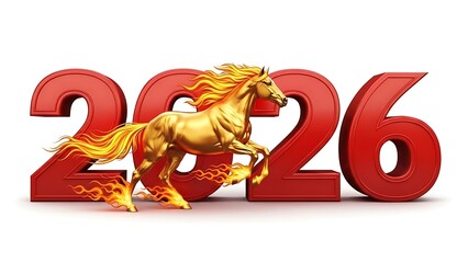Dynamic Golden Horse with Fiery Mane and Red 2026 Year Number Illustration