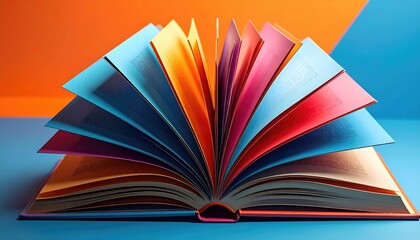 Open book displays a spectrum of vibrant colors against a contrasting blue and orange background