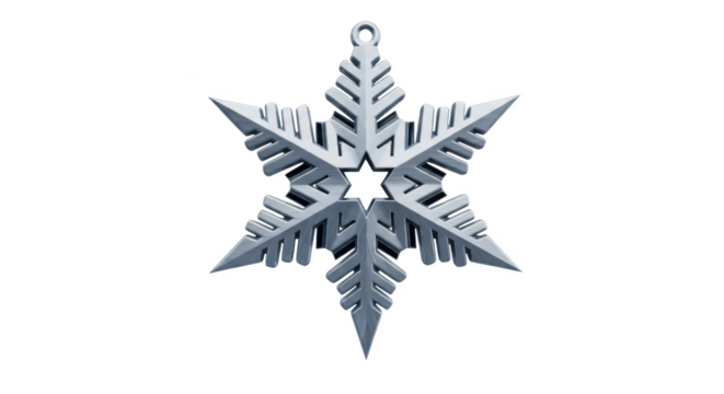 Silver metallic snowflake ornament with intricate geometric patterns against a png isolated transparent background black background - Powered by Adobe