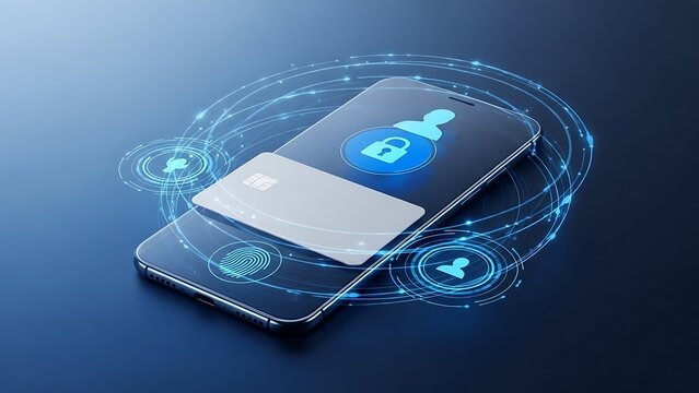 Futuristic Secure Payment on Mobile Phone with Card Illustration