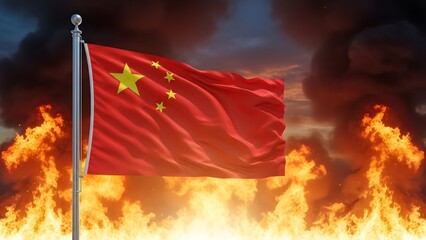 Chinese flag on fire with flames and smoke, representing crisis and turmoil in china