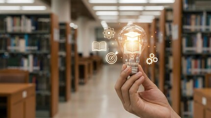 Close up hand holding glowing light bulb with white education icons floating inside,symbolizing knowledge and innovative learning ideas,in blurred library background with books