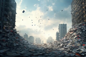 Urban landscape overwhelmed by mountains of paperwork with individual sheets flying through the air