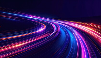 A curving perspective view of abstract streaks of blue, magenta, and yellow-red light on a dark background