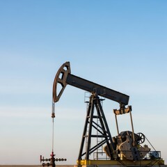 Oil pump jack extracting crude fossil fuel from the ground under a clear sky for energy production and economic industry.
