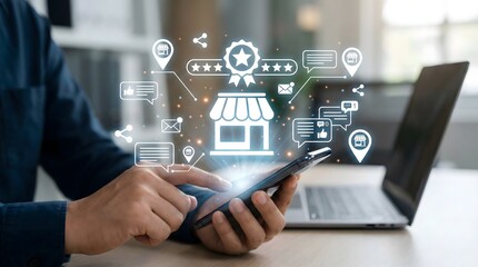 Smart mobile phone in hand with glowing online shopping store icons,digital marketing interface showing five star review,e-commerce connection and network symbols on background