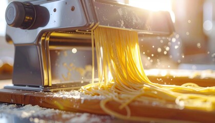 Bright, sunlit photo of homemade pasta extruding from a steel pasta machine onto a wooden board dusted with flour