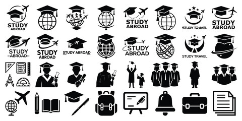 Study Abroad Education Icons, Graduation & Education Logo Silhouette Vector Set