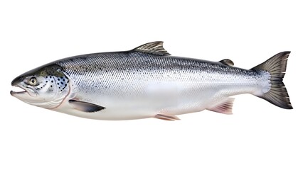 Obraz premium Fresh whole atlantic salmon fish isolated on white background ready for culinary preparation or seafood market display emphasizing its silvery scales and natural aquatic form