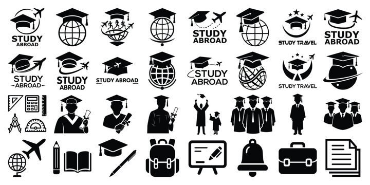 Study Abroad Education Icons, Graduation & Education Logo Silhouette Vector Set