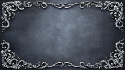 Elegant ornamental border with intricate silver toned metallic filigree and floral motifs set against a dark textured grey surface creating a sophisticated and antique impression