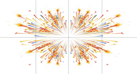 Symmetrical burst of yellow orange red blue sparks and starbursts on png isolated transparent background black background