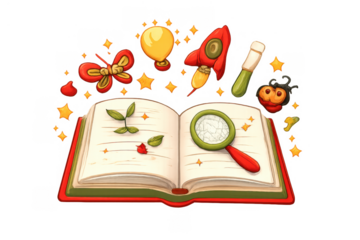 Open book fueling imagination and discovery, showing science, education, creativity, and nature learning process