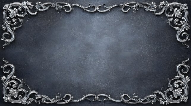 Elegant ornamental border with intricate silver toned metallic filigree and floral motifs set against a dark textured grey surface creating a sophisticated and antique impression