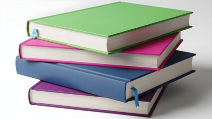 Stack of four brightly colored hardcover books resting one upon the other featuring vibrant green magenta blue and purple spines with clean white pages suggesting education reading or library collecti