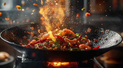 Spicy shrimp stir-fry in a wok, with vegetables and vibrant splashes of flavor.  A culinary explosion