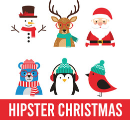 Fototapeta premium Hipster Christmas character illustration set featuring Santa snowman reindeer penguin bird and festive winter holiday icons