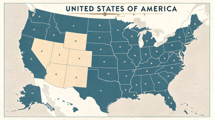 United States map with highlighted states in blue and beige