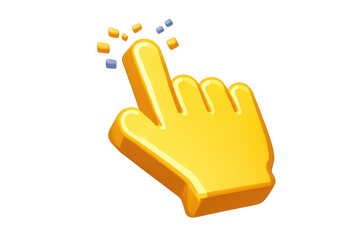 Yellow 3d hand cursor icon clicking, navigating internet link with pointer, user interface element for digital interaction