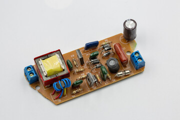 Old electronic component microcircuit closeup.