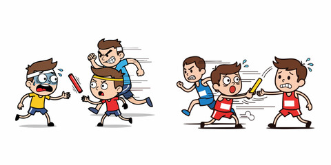 Naklejka premium Cartoon Handdrawn Relay Race Team Passing Stick Athlete Sport Illustration