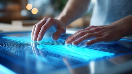 Hands engage with an advanced luminous blue touchscreen display exploring complex digital information streams and futuristic data visualizations