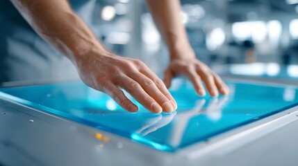 A person s hands are shown actively engaging with a bright illuminated futuristic touch screen display highlighting modern technology and interactive user experiences