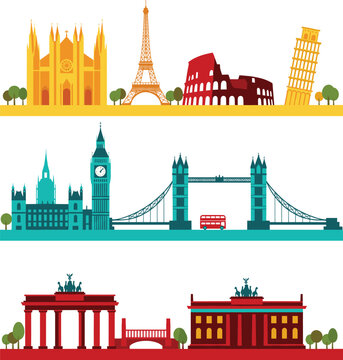 Famous European landmarks illustration set featuring iconic city skylines monuments bridges and historic architecture from popular travel destinations