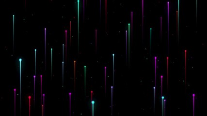 Multicolored neon light trails with glowing heads ascend rapidly against a black background filled with tiny distant particles resembling a data stream or space travel. - Powered by Adobe