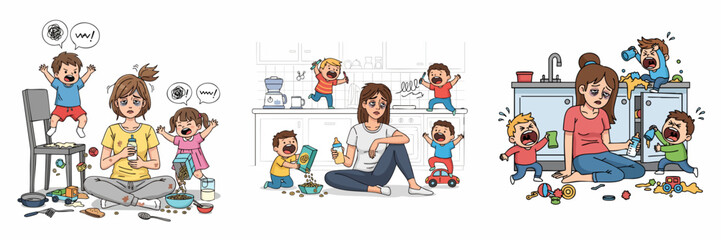 Cartoon Illustration Of A Stressed Mother With Hyperactive Children In Messy Scenarios