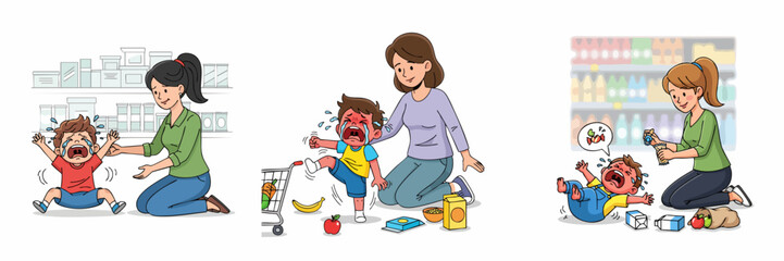 Cartoon Style Set of Illustrations Showing Tantrums in a Supermarket