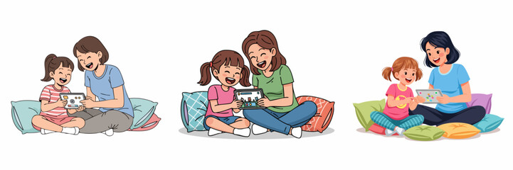 Whimsical Handdrawn Mother and Daughter Reading Book Together Illustration Set