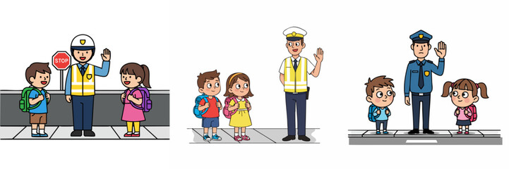 Cartoon Illustration Various Policeman Helping School Children Cross the Road
