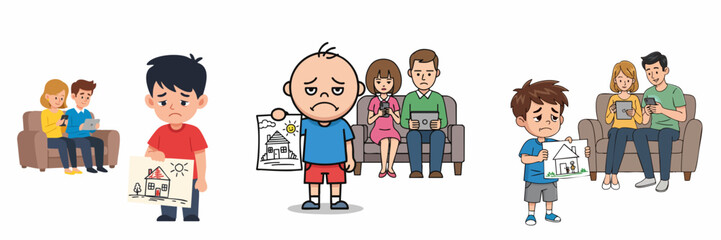 Cartoon Illustration of Ignored Kid Presenting Artwork to Uninterested Parents
