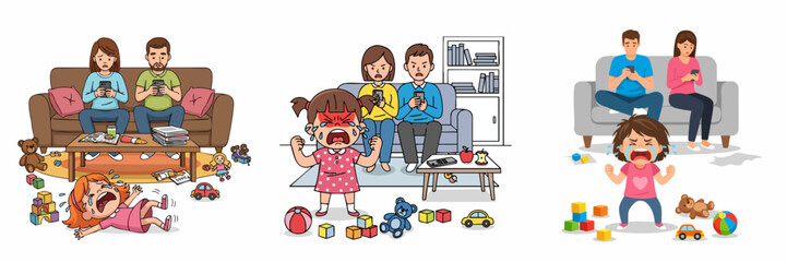 Cartoon Illustration of Ignored Crying Toddler with Gadget Addicted Parents Family