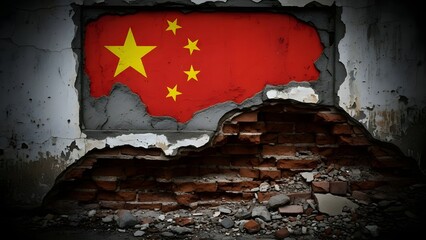 Chinese flag painted on a brick wall with a torn and damaged surface