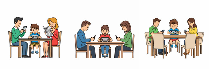 Flat Illustration of Disconnected Family Ignoring Each Other During Mealtime Concept