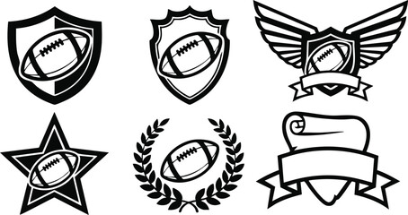 Line art badge set with american football emblems in shield star laurel wing and ribbon variations black and white flat vector icons for sports logo branding
