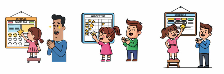 Cartoon Handdrawn Happy Family Using Reward Chart Illustration Set