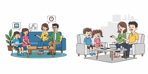 Colorful Handdrawn Family Sitting Together Talking at Home Illustration