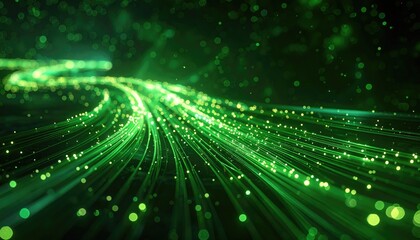 Bright green streams of light flow with small bokeh effects on a dark backdrop