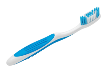 Blue and white toothbrush for dental hygiene and oral careisolated on transparent cutout background, cut out, png