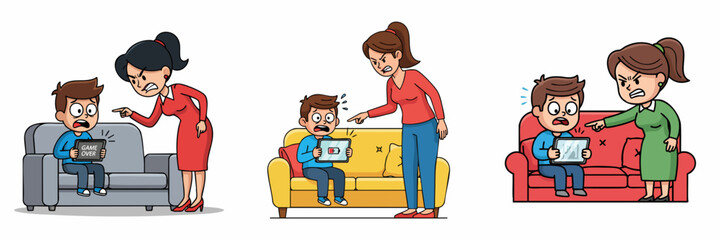 Cartoon Furious Mother Scolding Son with Tablet Illustration Set