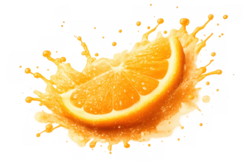 Fresh orange slice splashing into refreshing citrus juice, creating a vibrant burst of healthy liquid on transparent background