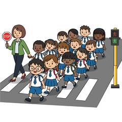 Colorful Flat Illustration Children Crossing Street with Teacher on Zebra Crossing