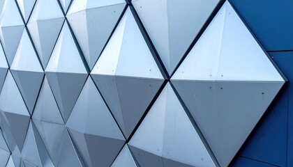 Close-up of building facade with silver, pyramid-shaped panels set against a blue background in diagonal pattern