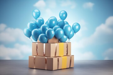 Cardboard boxes opening with blue balloons flying out, symbolizing surprise shipping